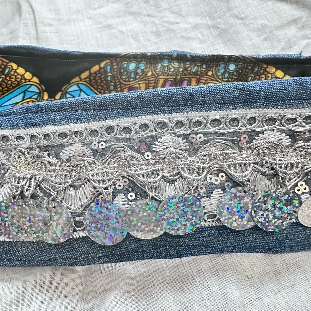 Artisan Boho Denim Coin Belt Handmade Upcycled Festival Waist Belt 33-38 Signed